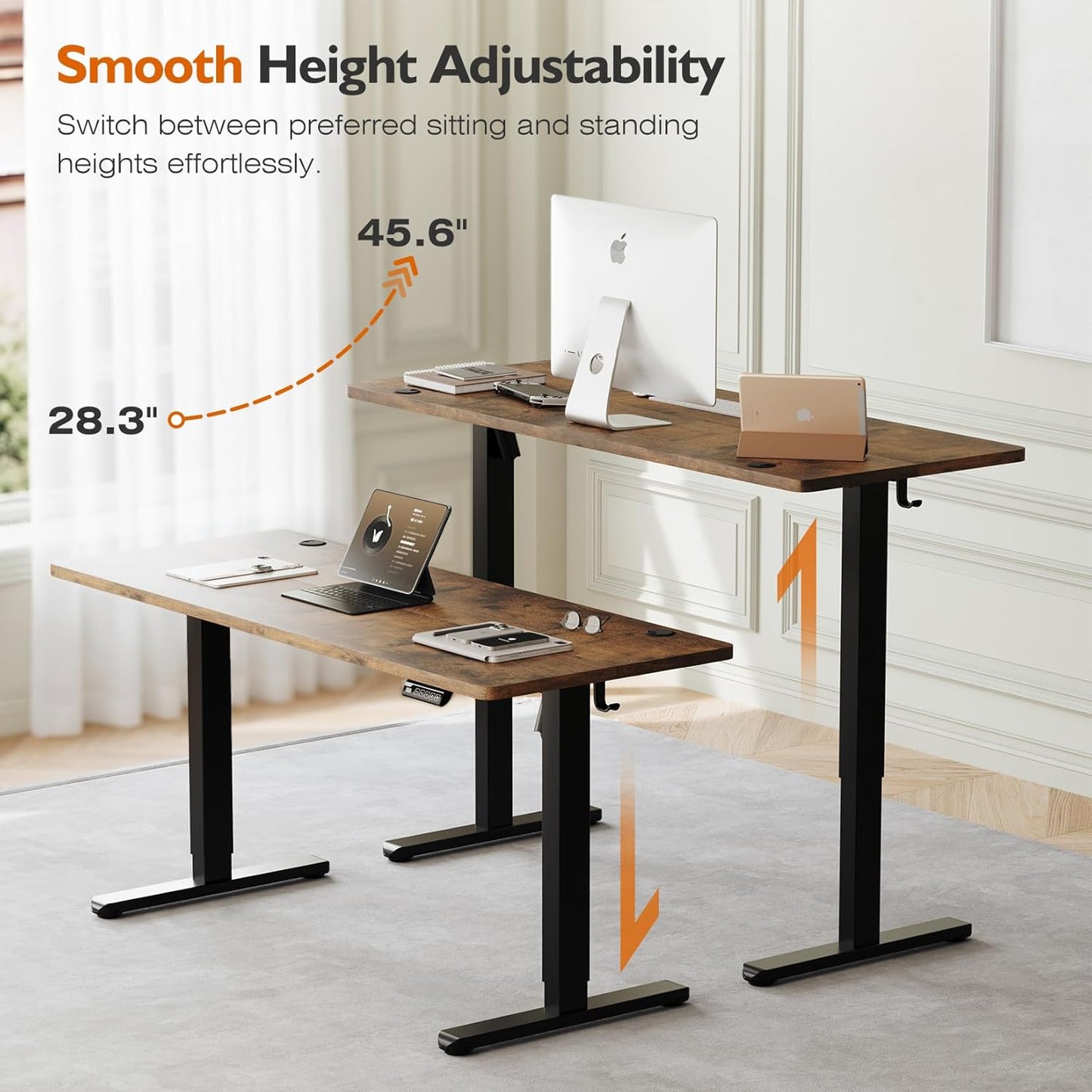 Electric Height Adjustable Standing Desk, 55X24 Inches, Ergonomic Home Office Sit/Stand up Desk with Two-Piece Desktop (Black Steel Frame/Rustic Brown Top)