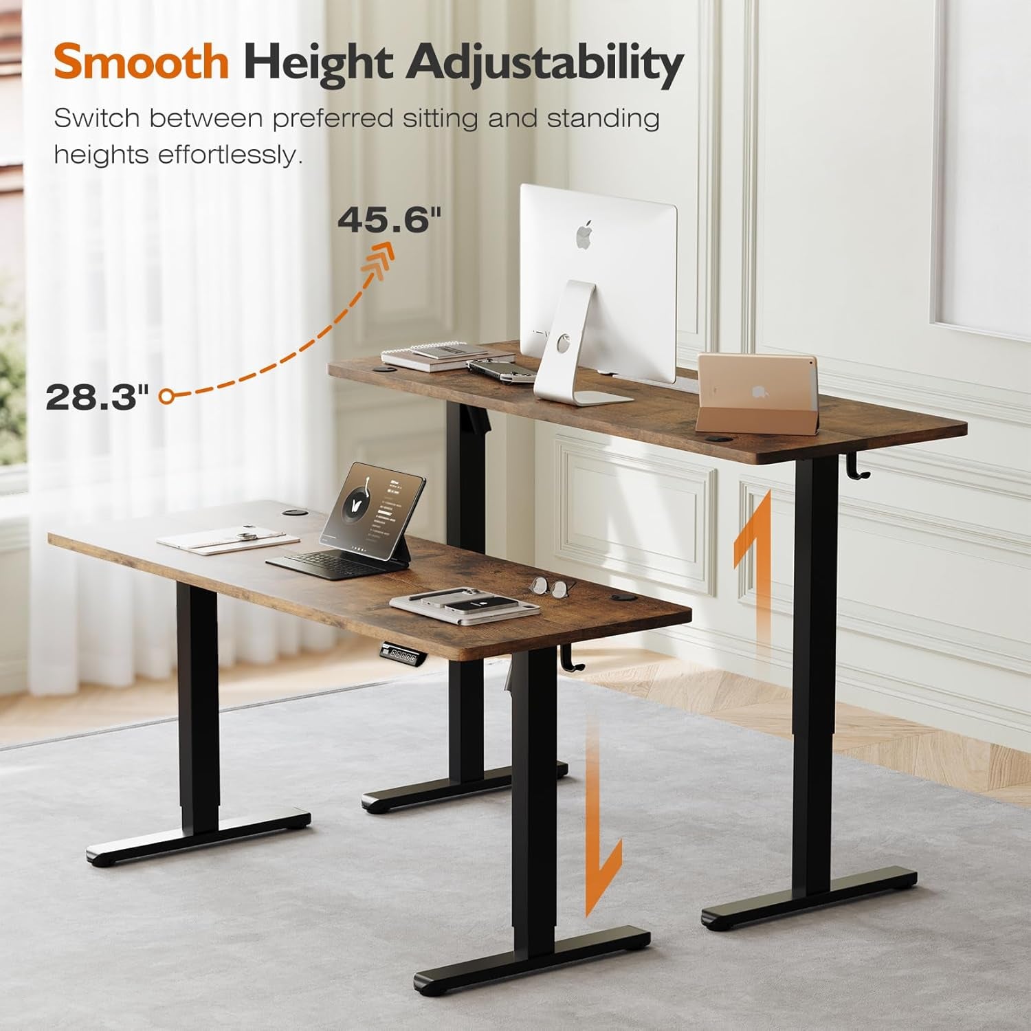 Electric Height Adjustable Standing Desk, 55X24 Inches, Ergonomic Home Office Sit/Stand up Desk with Two-Piece Desktop (Black Steel Frame/Rustic Brown Top)