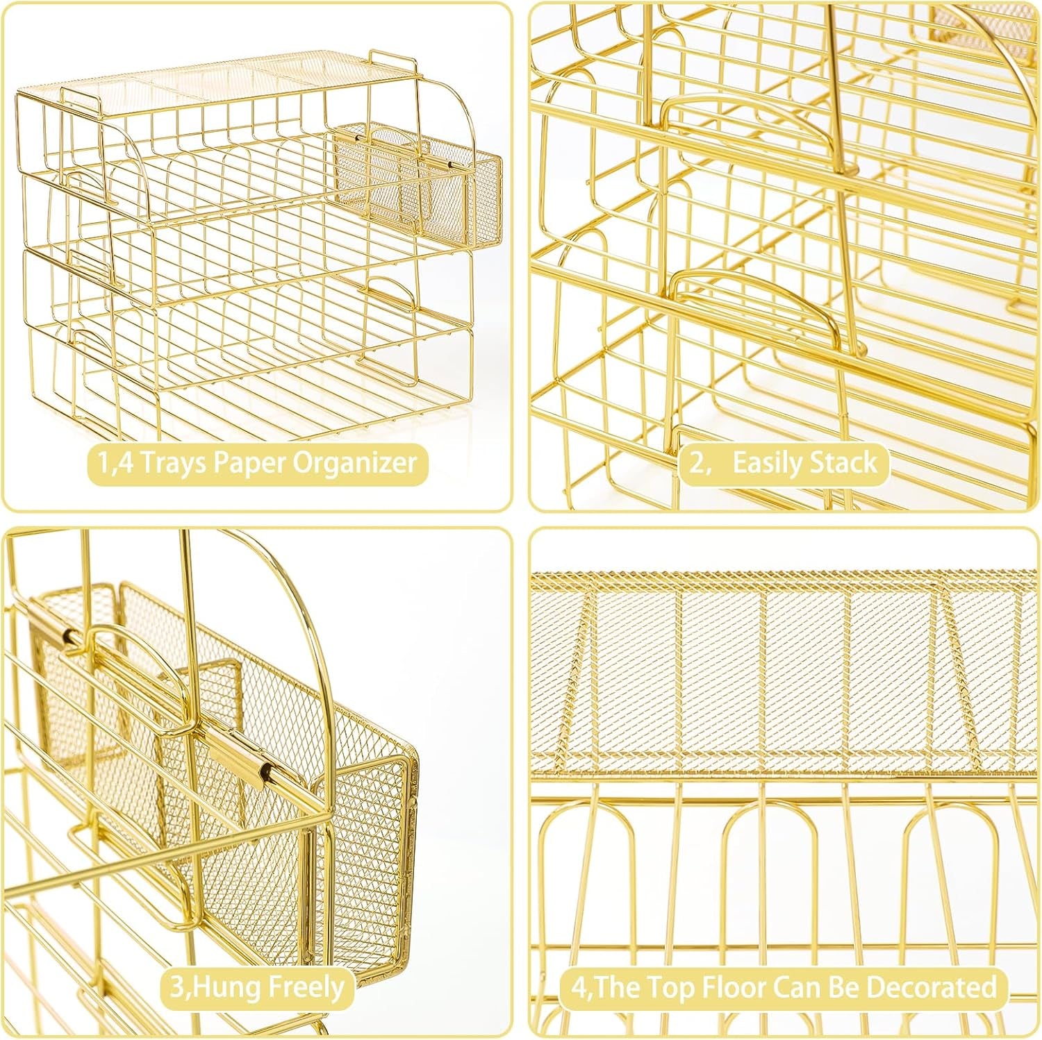 TNELTUEB 6 Tier Stackable Letter Tray, Rose Gold File Organizer Desk Organizers and Accessories for Women with 1 Upper Display Shelf for School