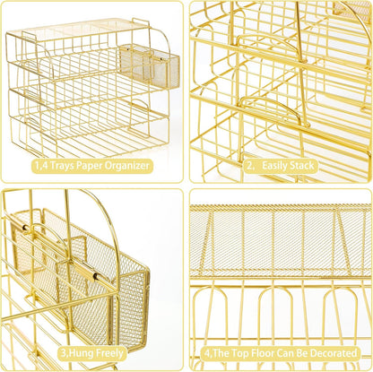 TNELTUEB 6 Tier Stackable Letter Tray, Rose Gold File Organizer Desk Organizers and Accessories for Women with 1 Upper Display Shelf for School