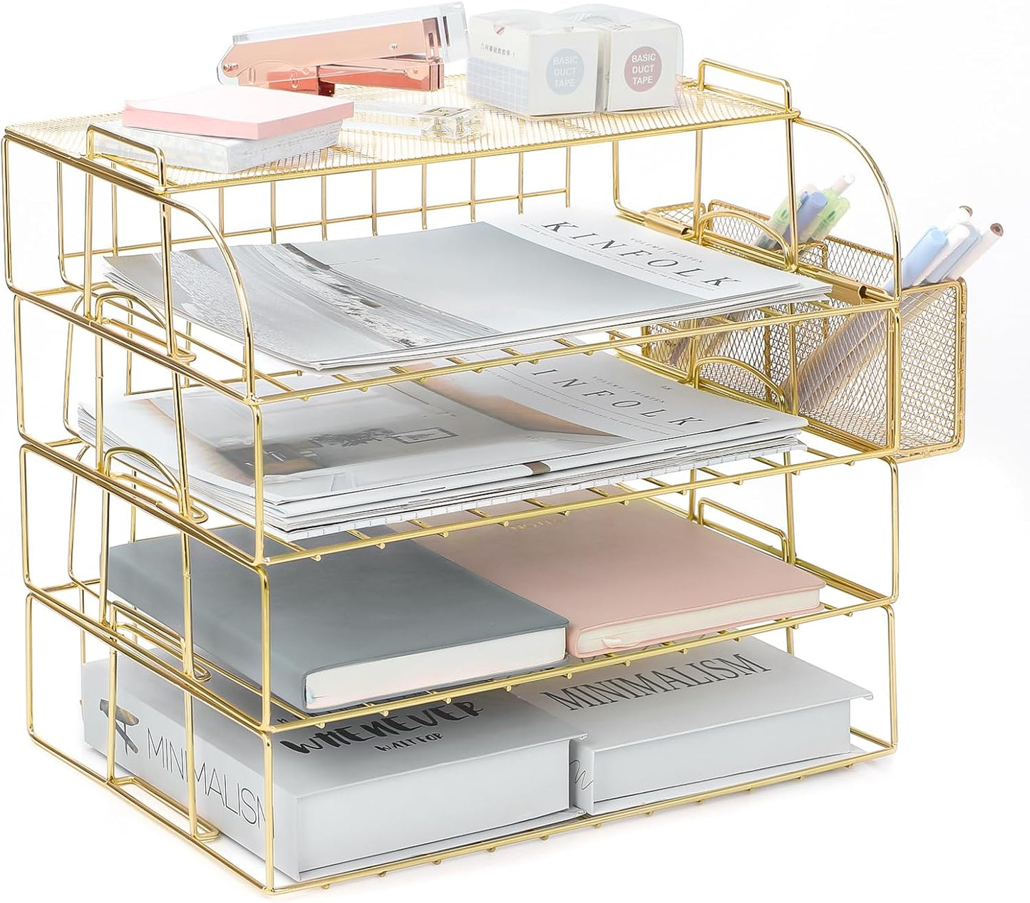 TNELTUEB 6 Tier Stackable Letter Tray, Rose Gold File Organizer Desk Organizers and Accessories for Women with 1 Upper Display Shelf for School