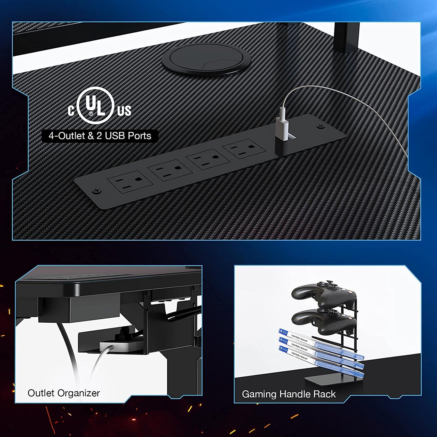 Ergonomic Gaming Table with Monitor Stand, Cup Holder, Headphone Hook, Outlet Organizer
