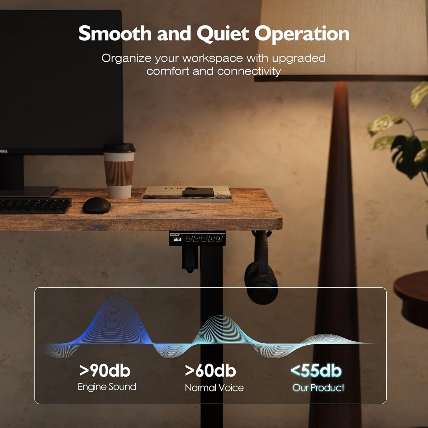 Electric Height Adjustable Standing Desk, 55X24 Inches, Ergonomic Home Office Sit/Stand up Desk with Two-Piece Desktop (Black Steel Frame/Rustic Brown Top)